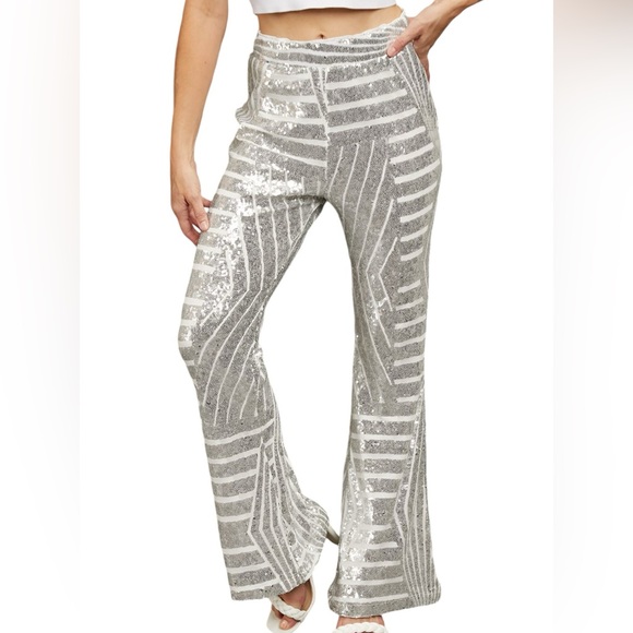 DOUBLE TAKE women’s silver Sequin High Waist Flared bell bottom stretchy Pants - Picture 1 of 6